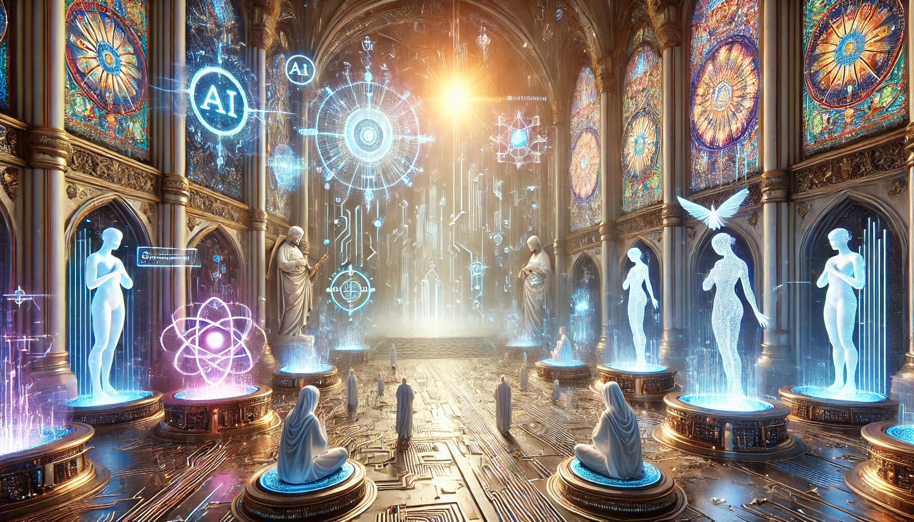 An artistic rendering of a world where AI and faith coexist, highlighting harmony and technological advancement. The scene is set in a grand, symbolic
